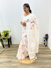 Modal Chanderi Golden Zari Floral Printed Off White Saree